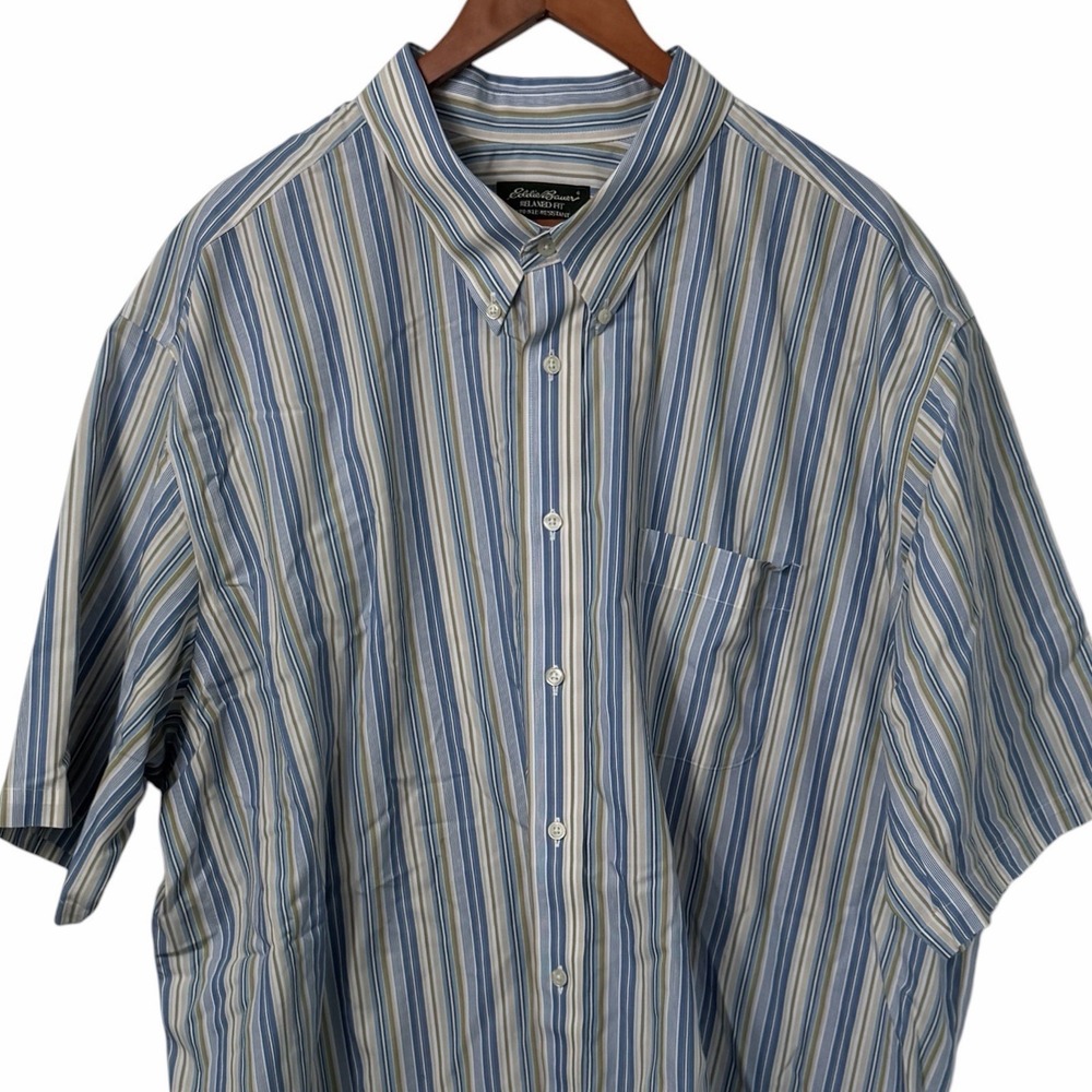 Eddie Bauer Mens XXXL Tall Blue Stripe Button Front Shirt Cotton Short Sleeve - Picture 1 of 7